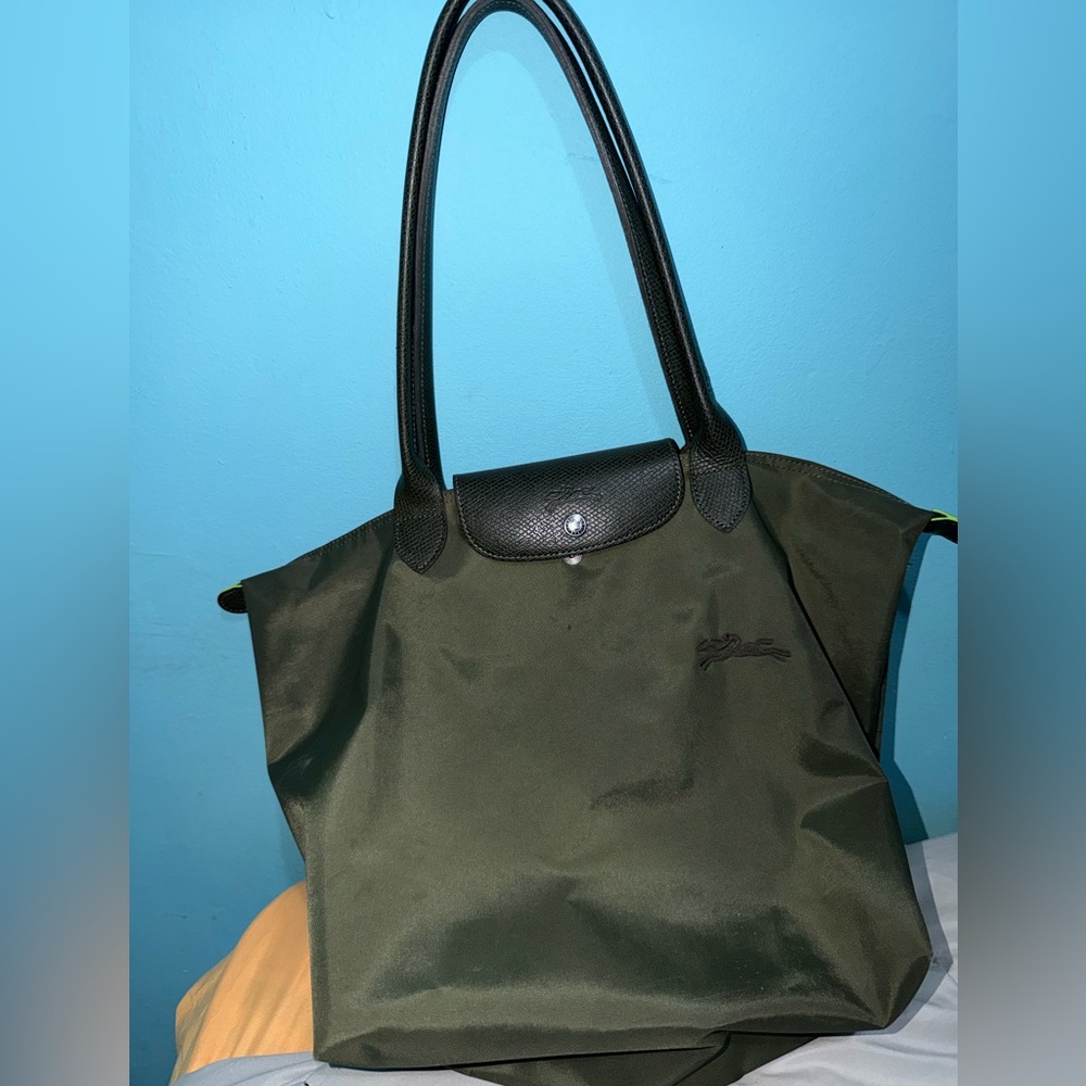 Used Large Long Champ Le Pilage Green tote bag
